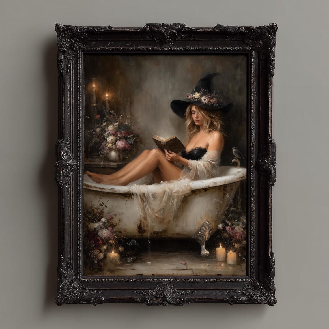 Witch Reading In Clawfoot Tub Candlelit Dark Fantasy Art Poster