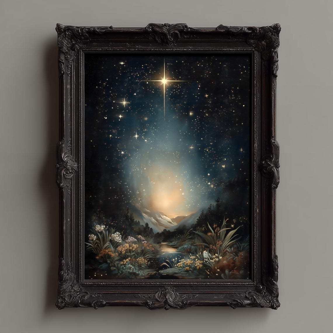 Starry Night Sky Over Mountain Valley with the North Star Poster