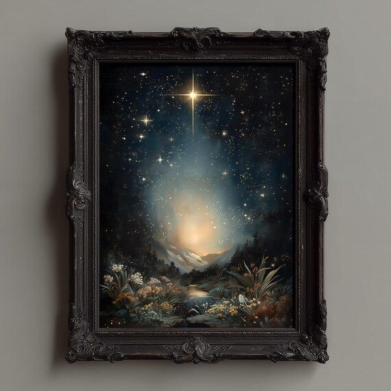 Starry Night Celestial Landscape Print Vintage Mountain Valley Forest Art Dark Academia Wall Decor North Star