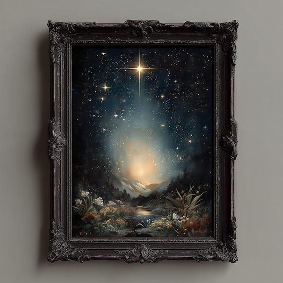 Starry Night Sky Over Mountain Valley with the North Star Poster