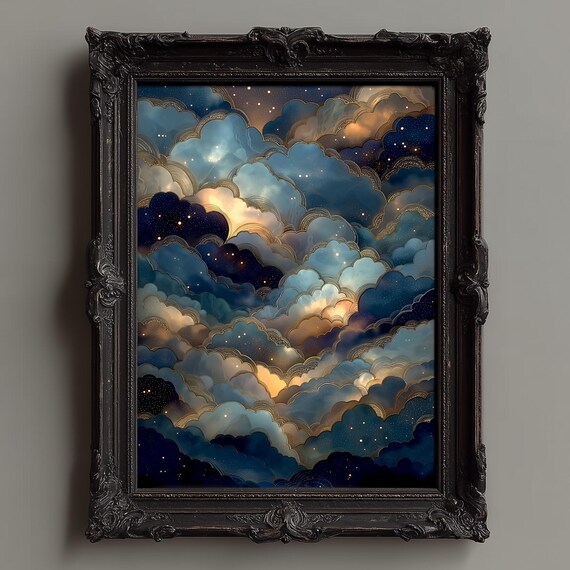 Celestial Night Cloud Dreamscape Blue Gold Starry Sky Poster