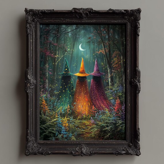 Three Witches Walking Together in an Enchanted Moonlit Forest Poster