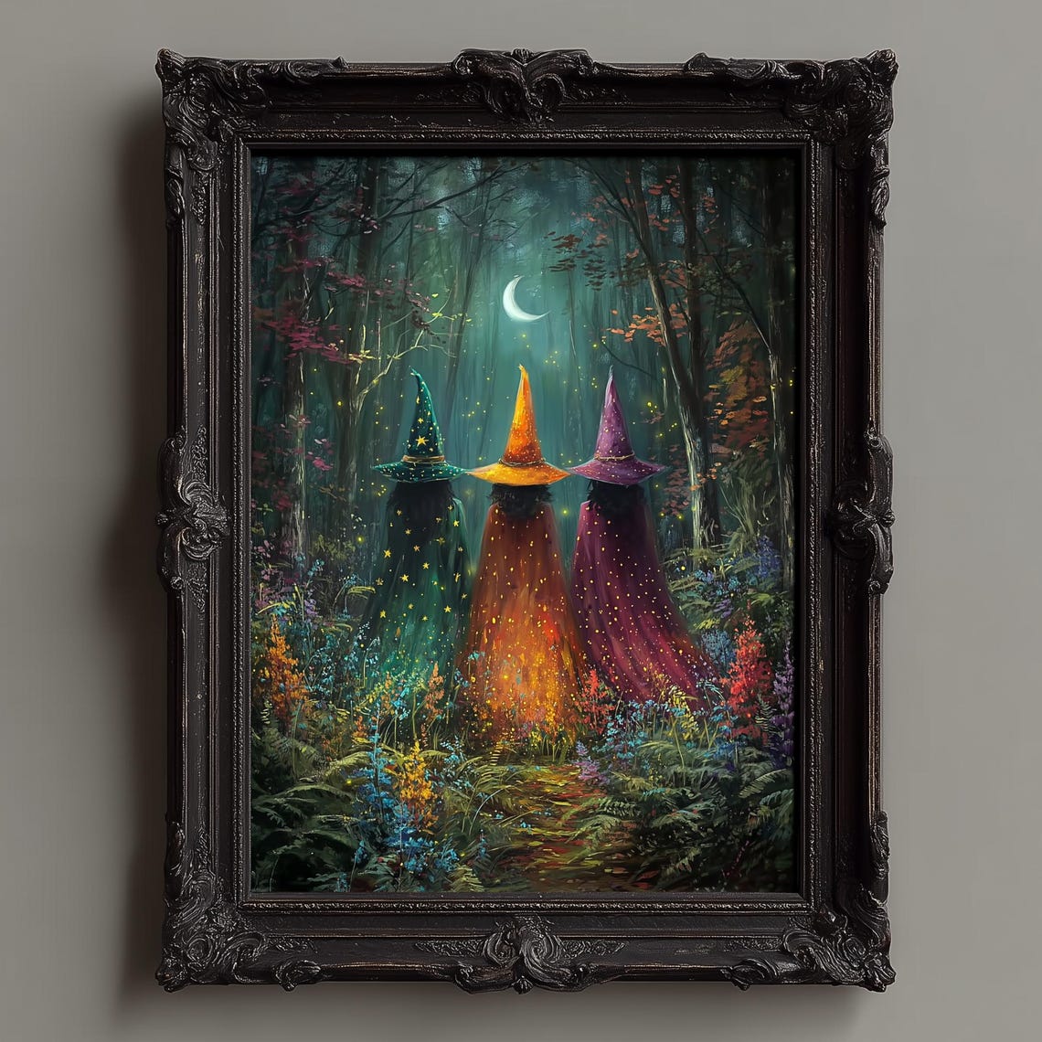 Three Witches Walking Together in an Enchanted Moonlit Forest Poster