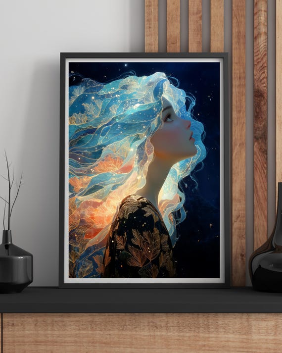 Celestial Goddess Wall Art Print Dreamy Surreal Woman Portrait Modern Boho Ethereal Feminine Decor A1a5