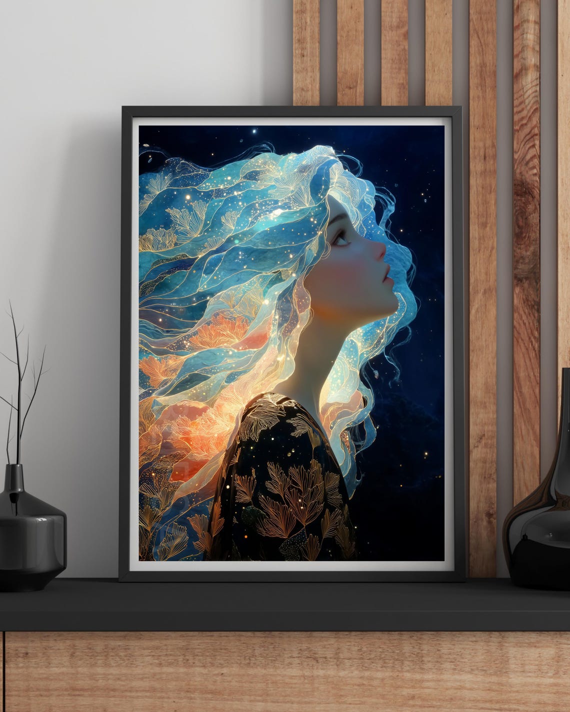 Woman Profile Luminous Blue Wave Hair Starry Night Sky Print