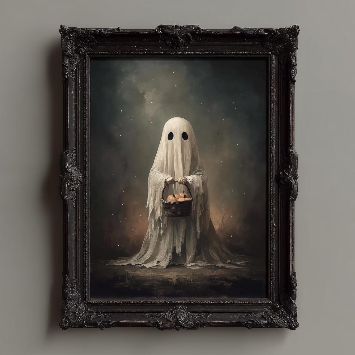 Cute Ghost Holding a Basket of Pumpkins Dark Academia Poster