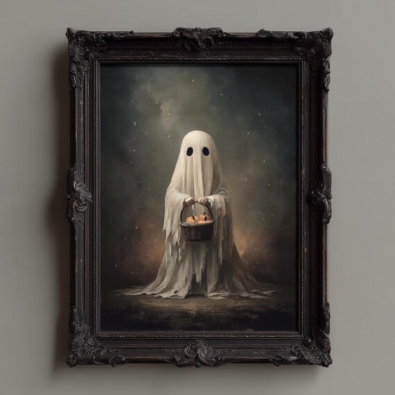 Cute Ghost Holding a Basket of Pumpkins Dark Academia Poster