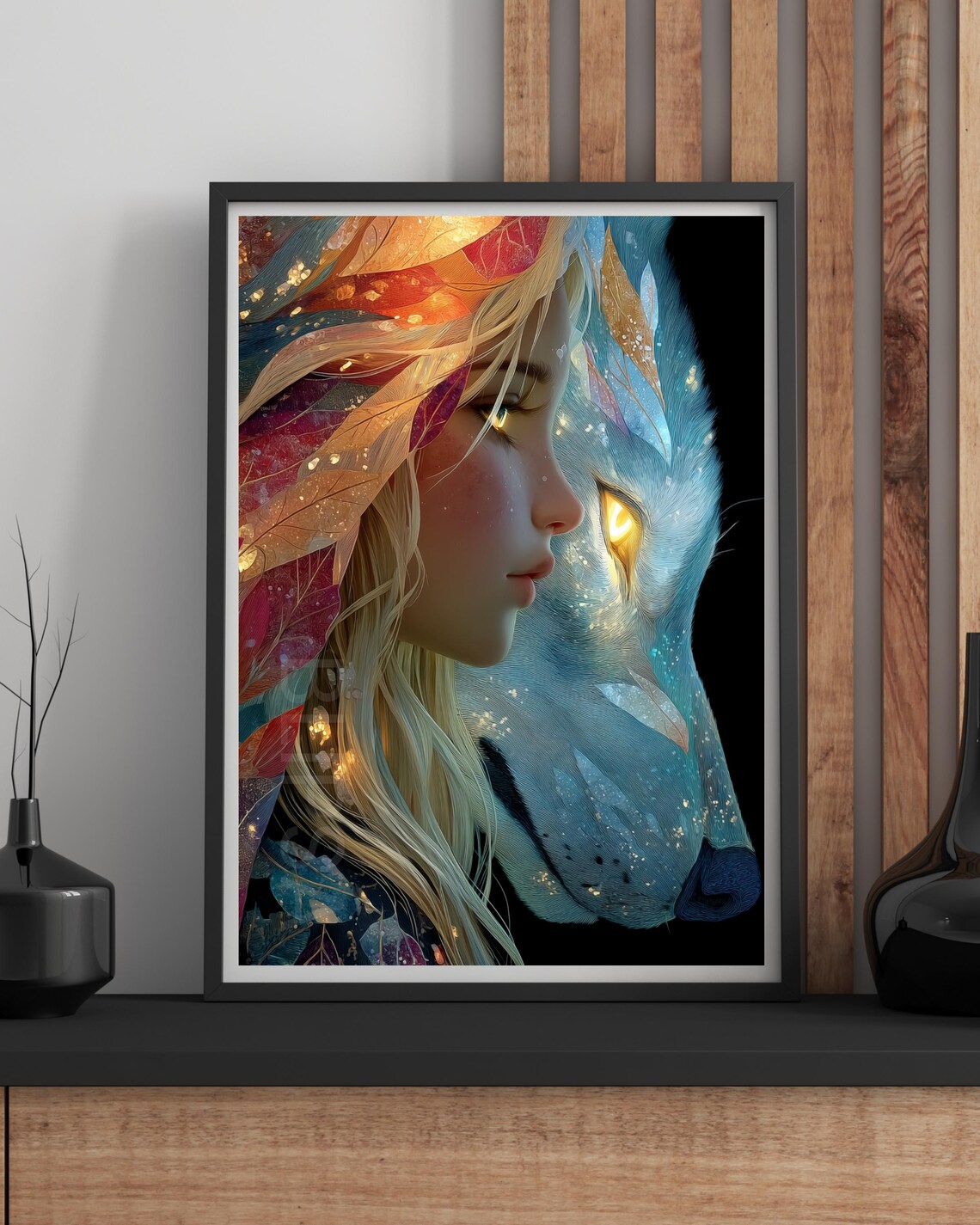 Girl and Wolf Spirit Colorful Leaves Fantasy Portrait Art Print