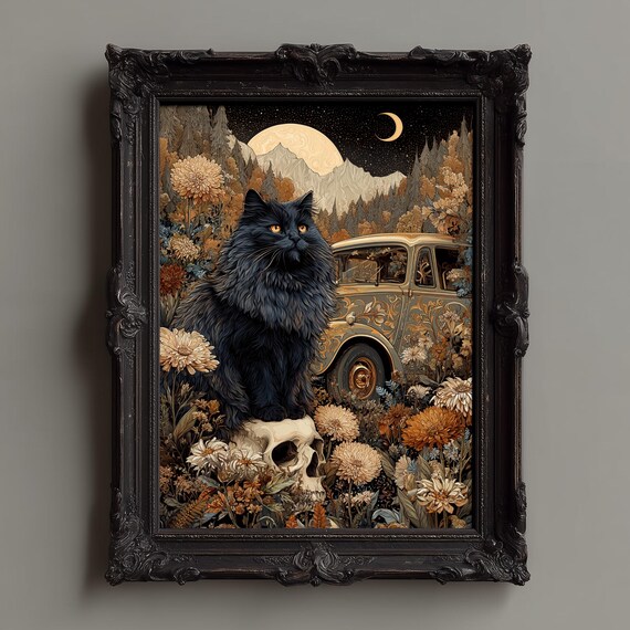 Mystical Black Cat with Skull in Floral Gothic Night Scene Poster