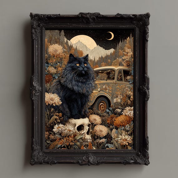 Mystical Gothic Cat Wall Art Celestial Skull Floral Fantasy Print Black Poster Magical Dark Boho Decor Vintage Botanical