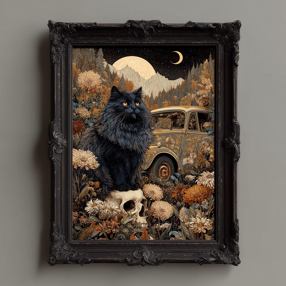 Mystical Black Cat with Skull in Floral Gothic Night Scene Poster