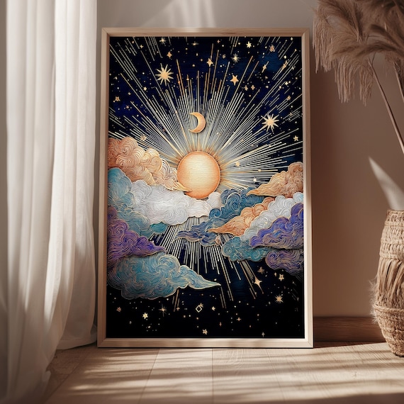 Golden Sunburst And Crescent Moon Swirling Clouds Art Poster