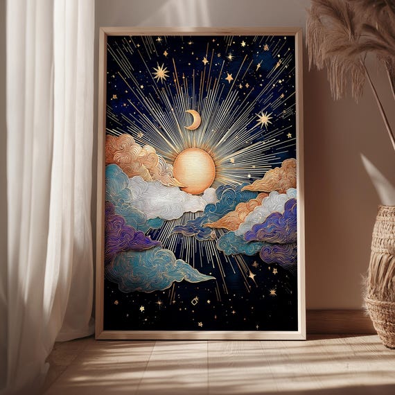 Sun And Moon Wall Art Print Celestial Boho Decor Mystical Cosmic Poster Astrologyinspired Sky For Home