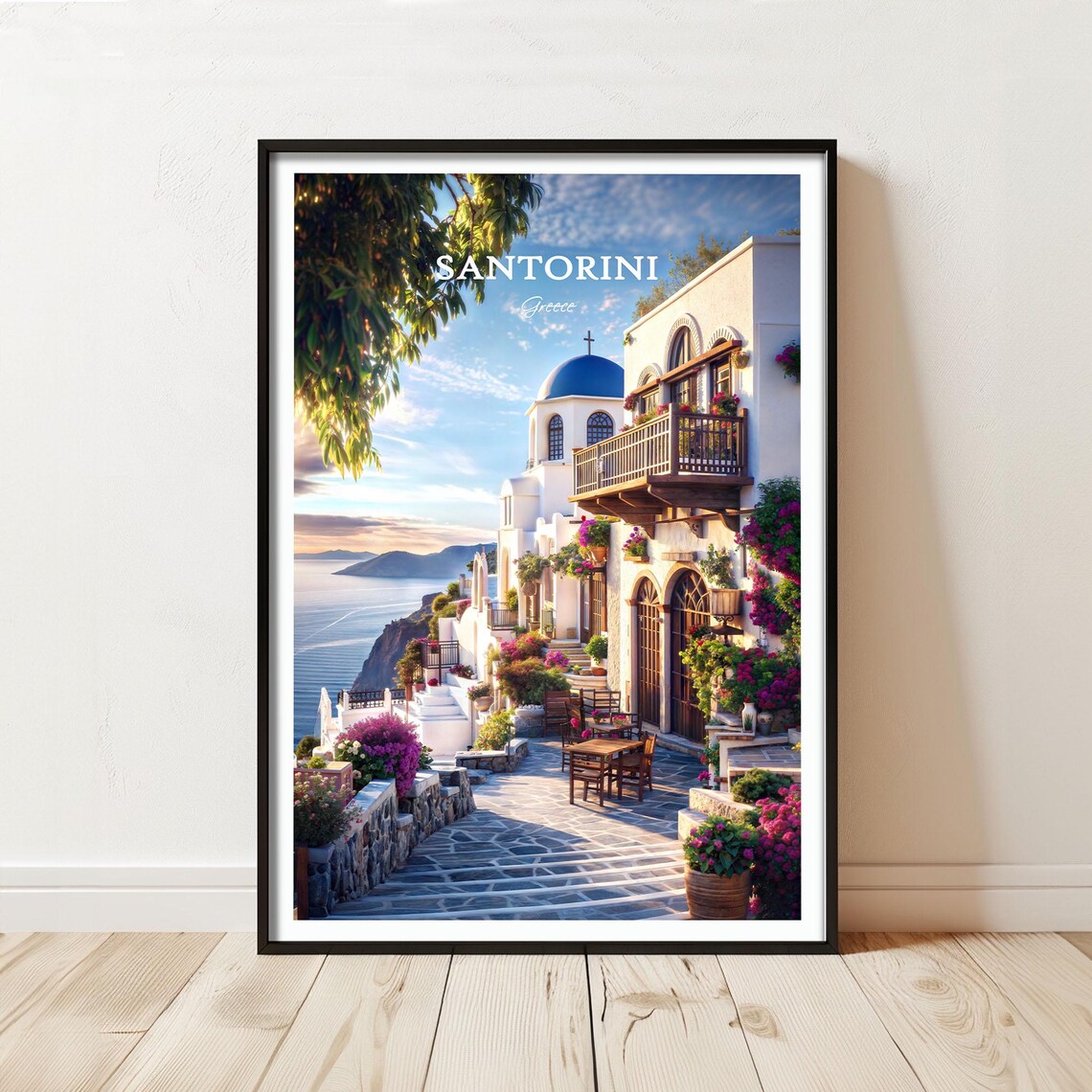 Santorini Greece Travel Poster with Blue Dome Church and Aegean Sea