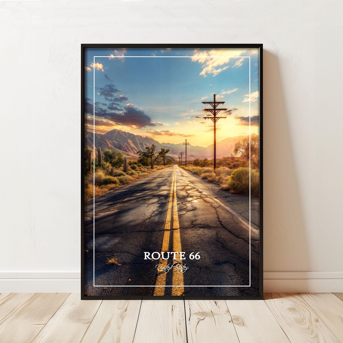 Route 66 Desert Sunset Highway American Vintage Road Trip Poster