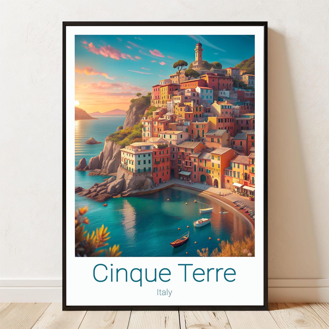 Cinque Terre Italy Mediterranean Sunset Coastal Travel Poster