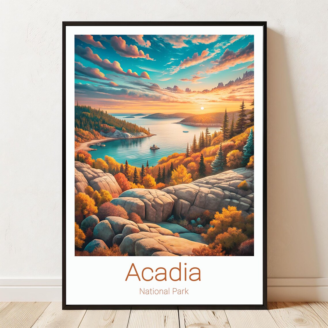 Acadia National Park Maine Sunset Coastal Landscape Travel Poster