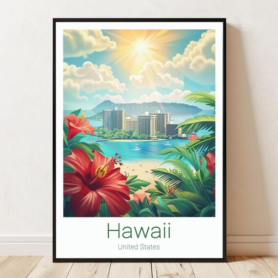 Hawaii Waikiki Beach Resort Hibiscus Tropical Travel Art Print