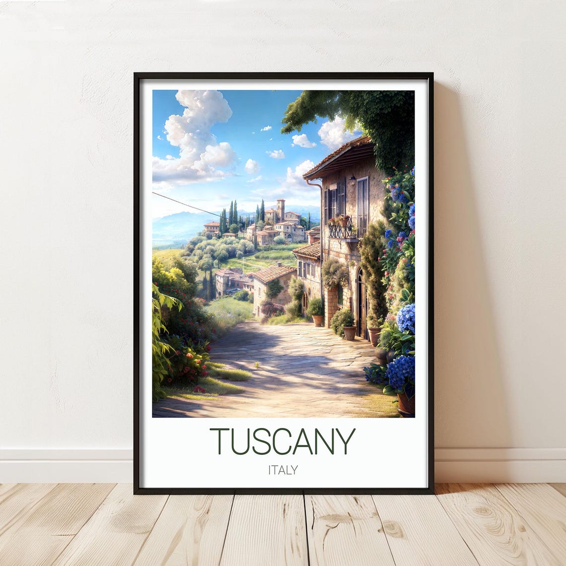 Tuscany Italy Village Travel Poster Sunlit Countryside Artwork