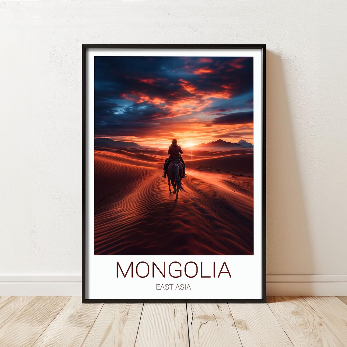 Mongolia Horse Rider Desert Sunset Fiery Dunes Travel Poster