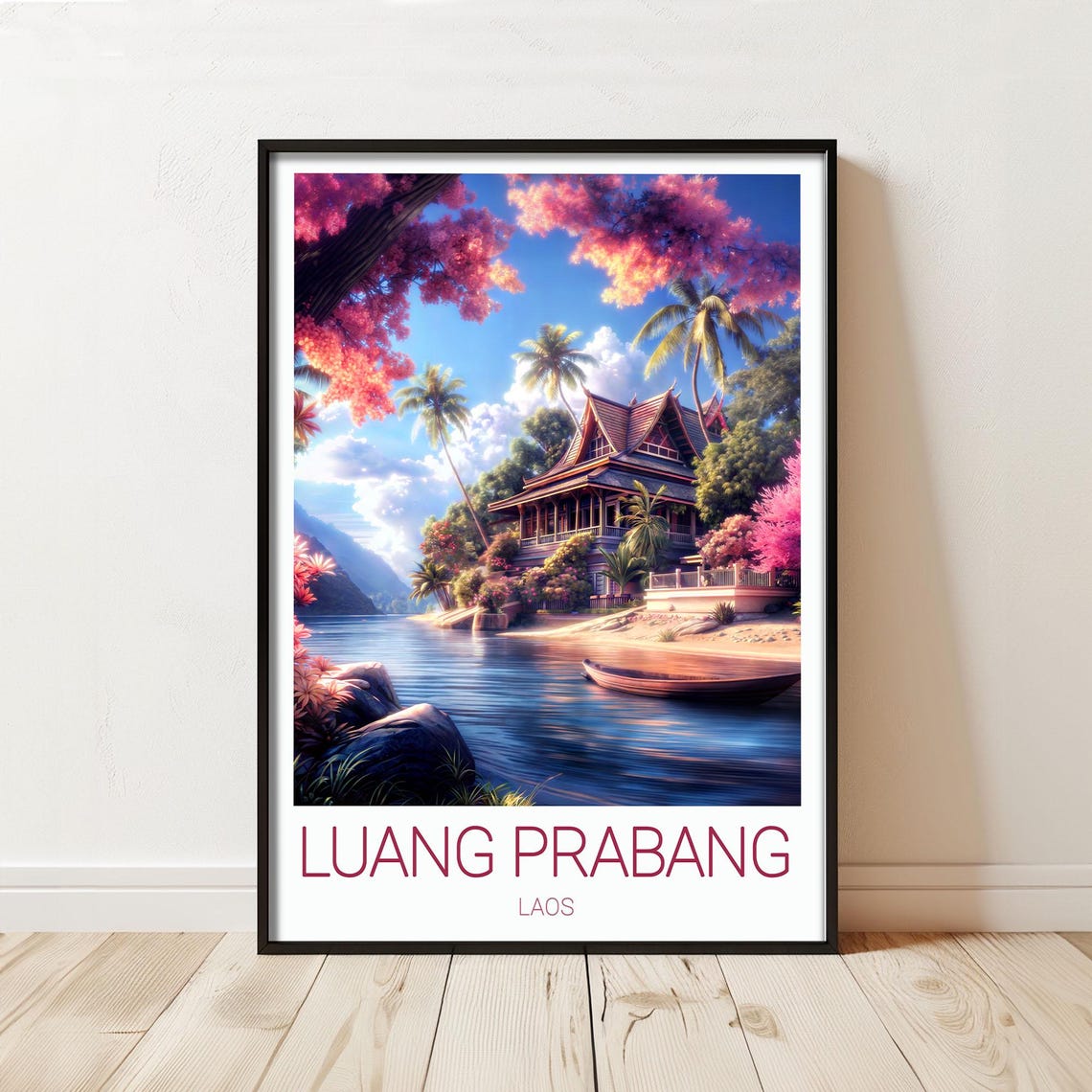 Luang Prabang Laos Mekong River Tropical Temple Travel Poster