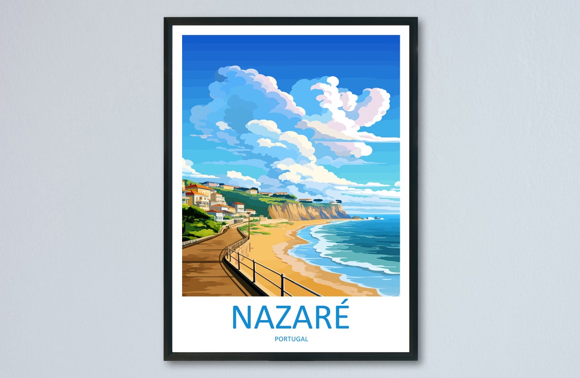 Nazaré Portugal Beach Boardwalk Cliffs Seaside Travel Poster Artwork