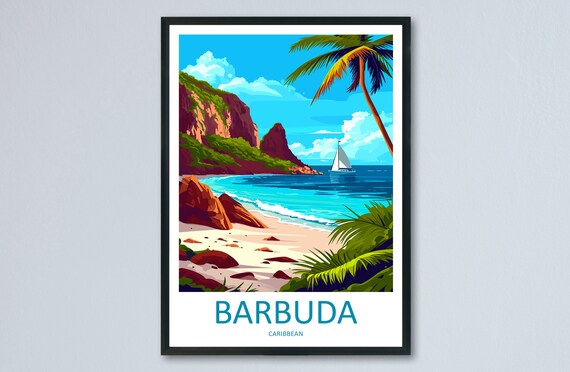 Barbuda Caribbean Sailboat Cove Palm Beach Retro Travel Poster