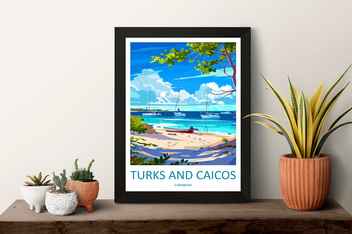 Turks and Caicos Caribbean Sailboats White Sand Beach Travel Poster - Image 3