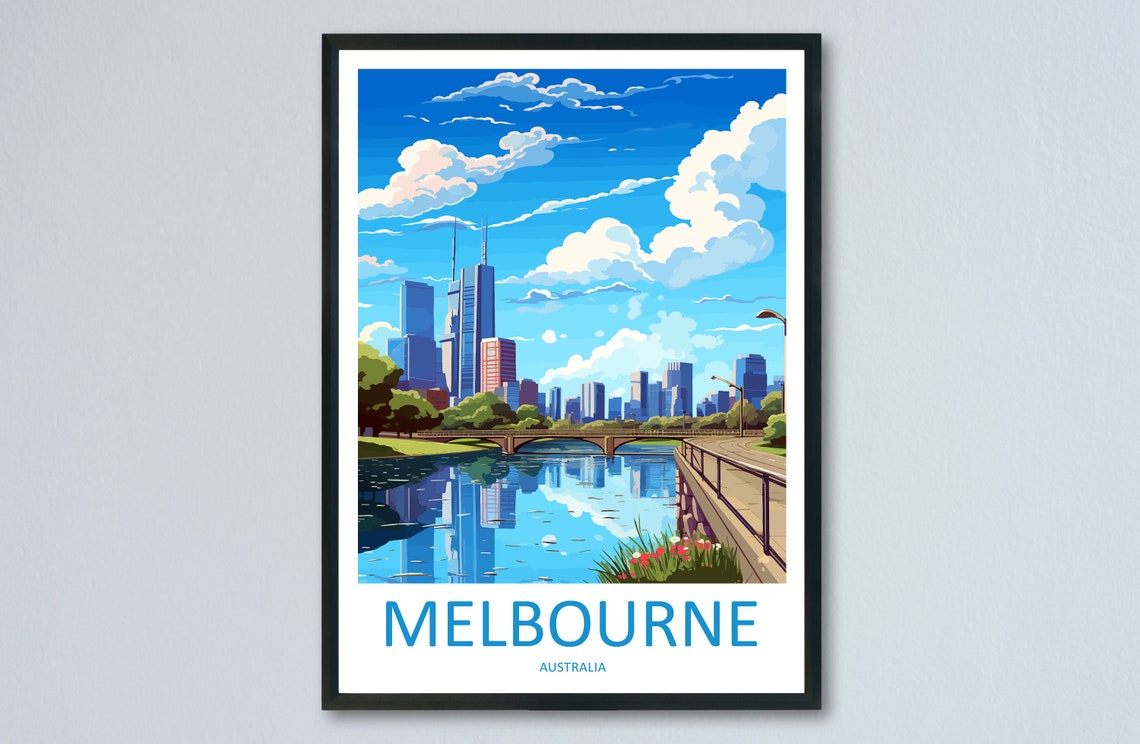 Melbourne Australia Yarra River Skyline Vintage Retro Travel Poster