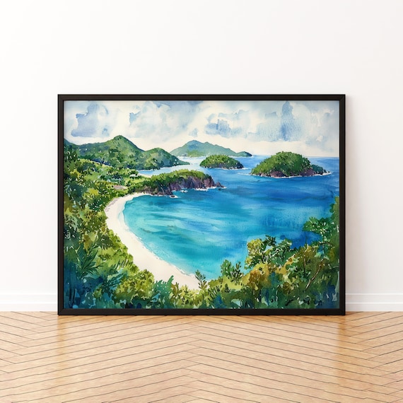 US Virgin Islands Caribbean Beach Watercolor Coastal Landscape Poster