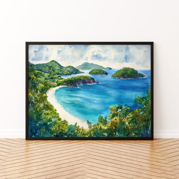 Us Virgin Islands Watercolor Poster Caribbean Travel Print Beach Landscape Painting Coastal Wall Art Island Souvenir