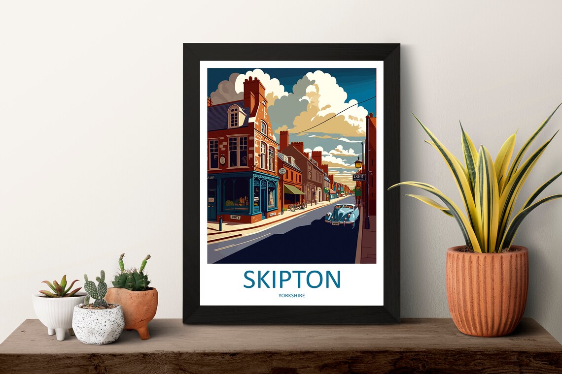 Skipton High Street Classic Car Yorkshire Town Travel Poster - Image 3