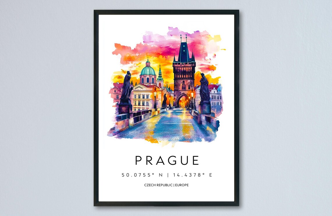 Prague Charles Bridge at Sunset Watercolor Dusk Travel Poster