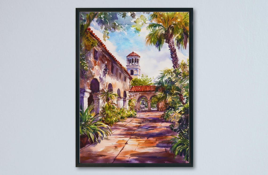Old Spanish Mission Courtyard Bell Tower Palm Watercolor Poster