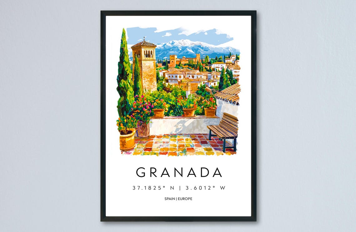 Granada Spain Watercolor Alhambra Terrace Mountain View Travel Poster