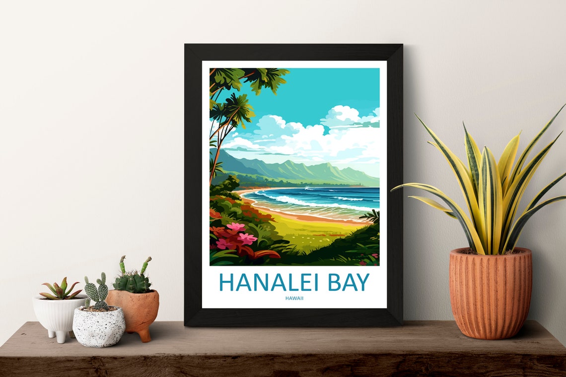 Hanalei Bay Hawaii Tropical Beach Palms Surf Retro Travel Poster Art - Image 3