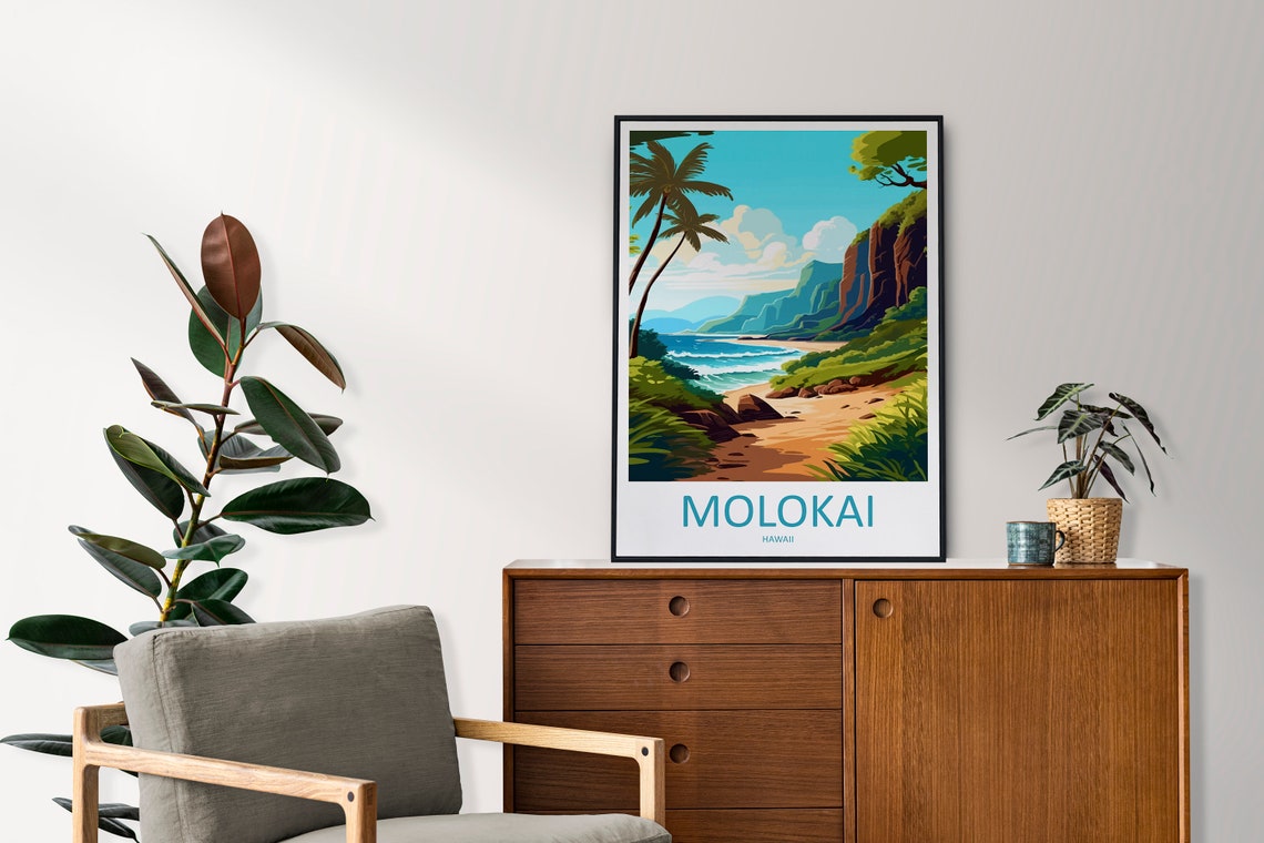 Molokai Hawaii Palm Fringed Beach Tropical Sea Cliffs Poster - Image 2