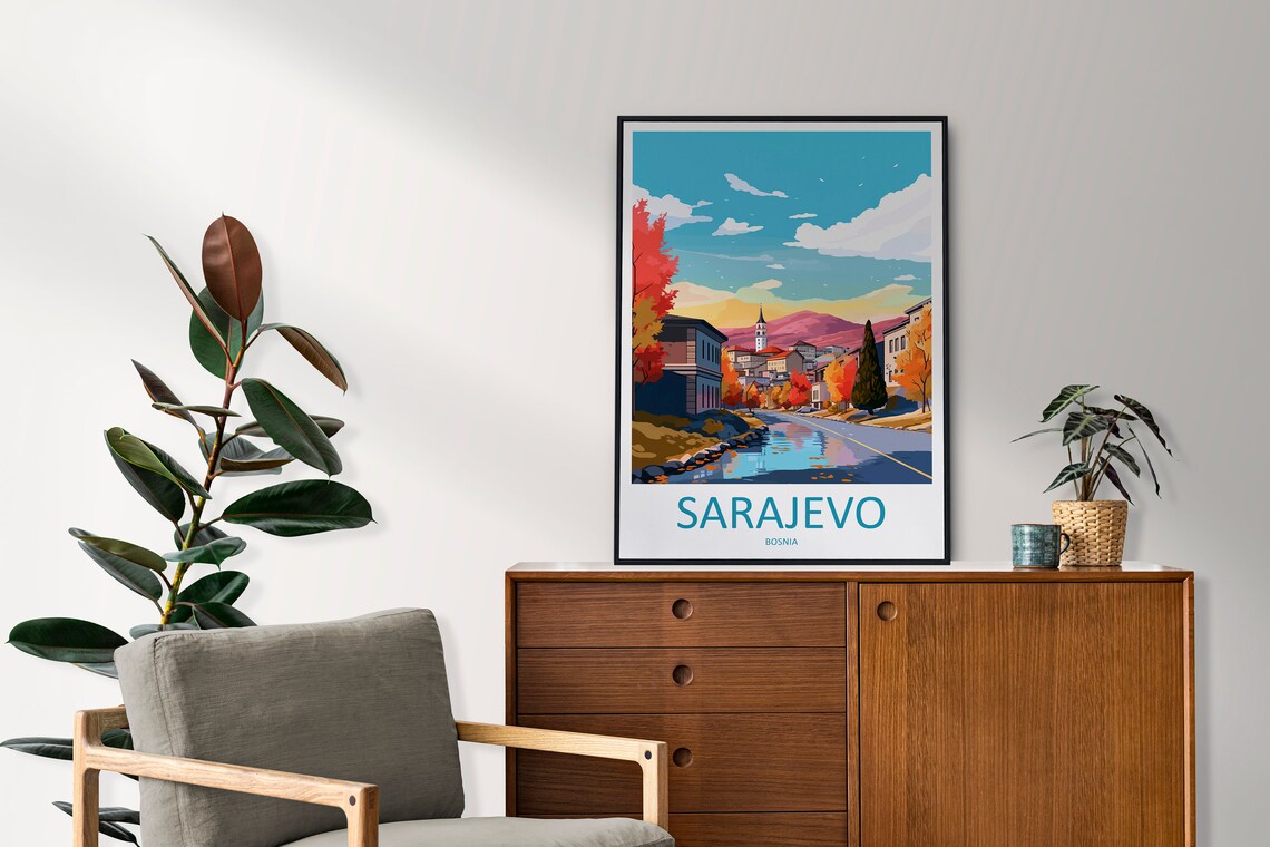 Sarajevo Bosnia Autumn Riverside Street Vintage Travel Poster - Image 2