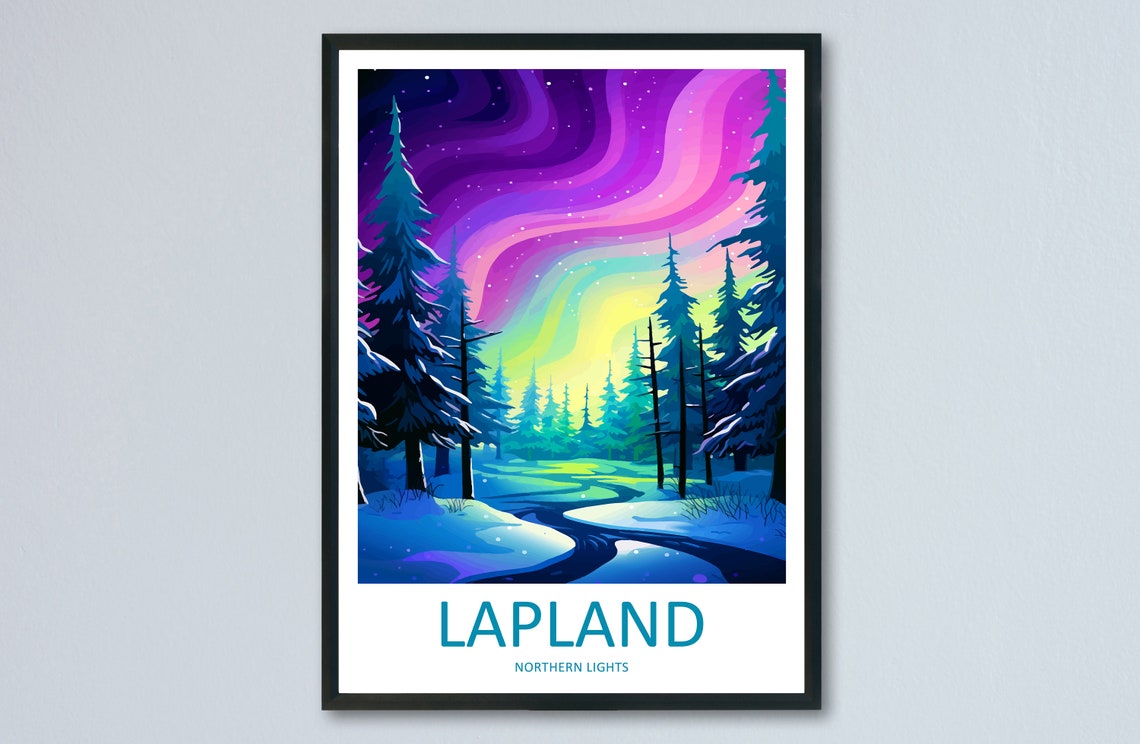 Lapland Northern Lights Aurora Over Snowy Forest Night Sky Poster