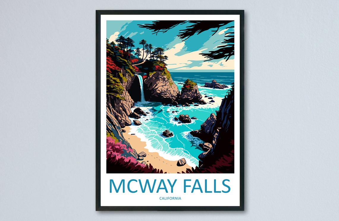 McWay Falls California Waterfall Beach Cove Cliff Travel Poster