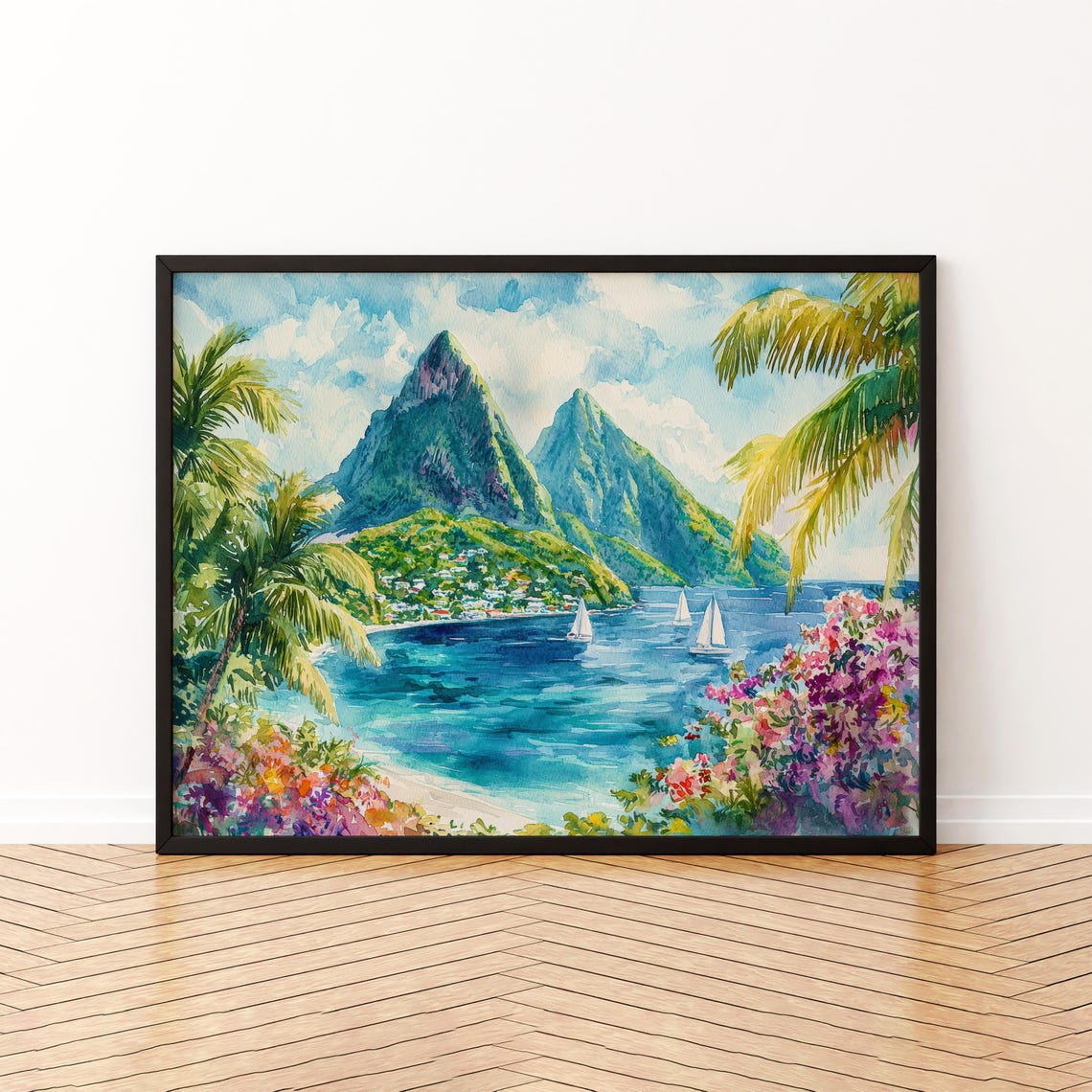 Saint Lucia Watercolor Poster Landscape Wall Art Hanging Home Dcor Gift Lovers