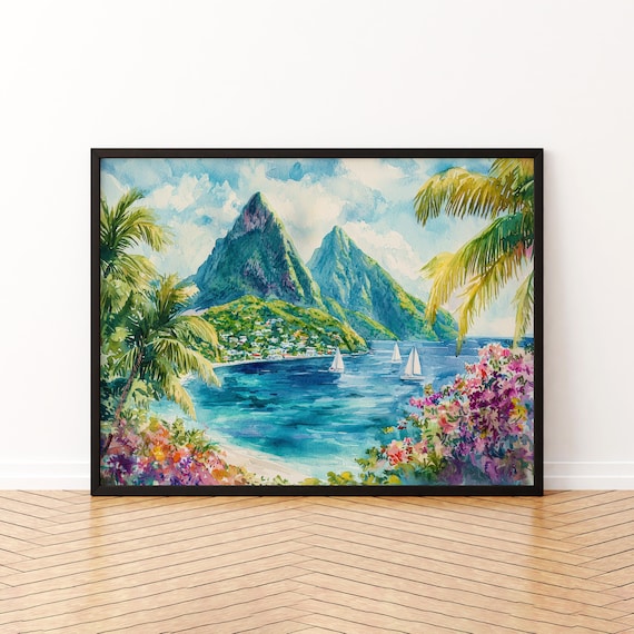Saint Lucia Pitons Sailboats Palm Beach Tropical Watercolor Poster