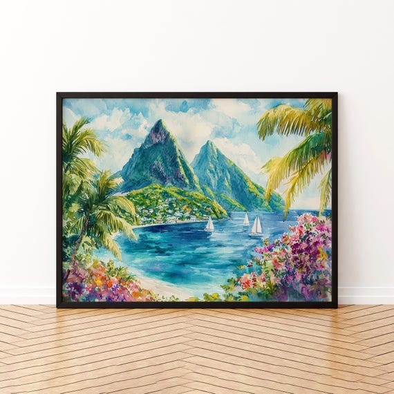 Saint Lucia Watercolor Poster Landscape Wall Art Hanging Home Dcor Gift Lovers