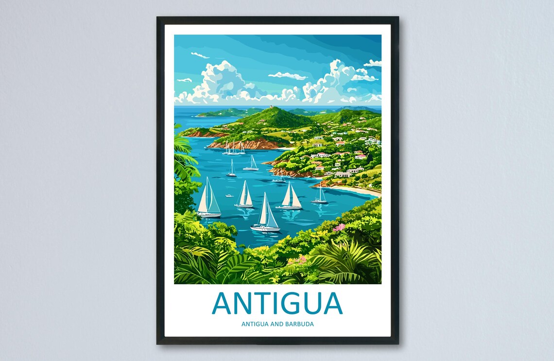 Antigua Caribbean Sailboats Bay Tropical Island Travel Poster