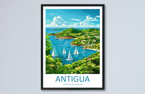 Antigua Travel Poster Caribbean Wall Art Beach Ocean View Tropical Decor Island Gift Souvenir Scene Paradise Landmark