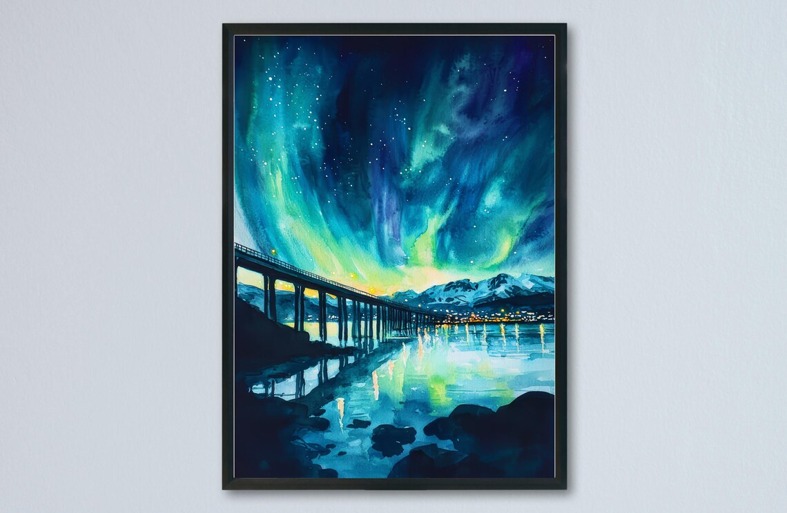 Tromso Northern Lights Bridge Fjord Night Watercolor Travel Poster