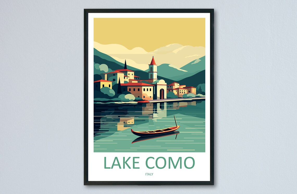 Lake Como Italy Lakeside Village Evening Vintage Travel Poster
