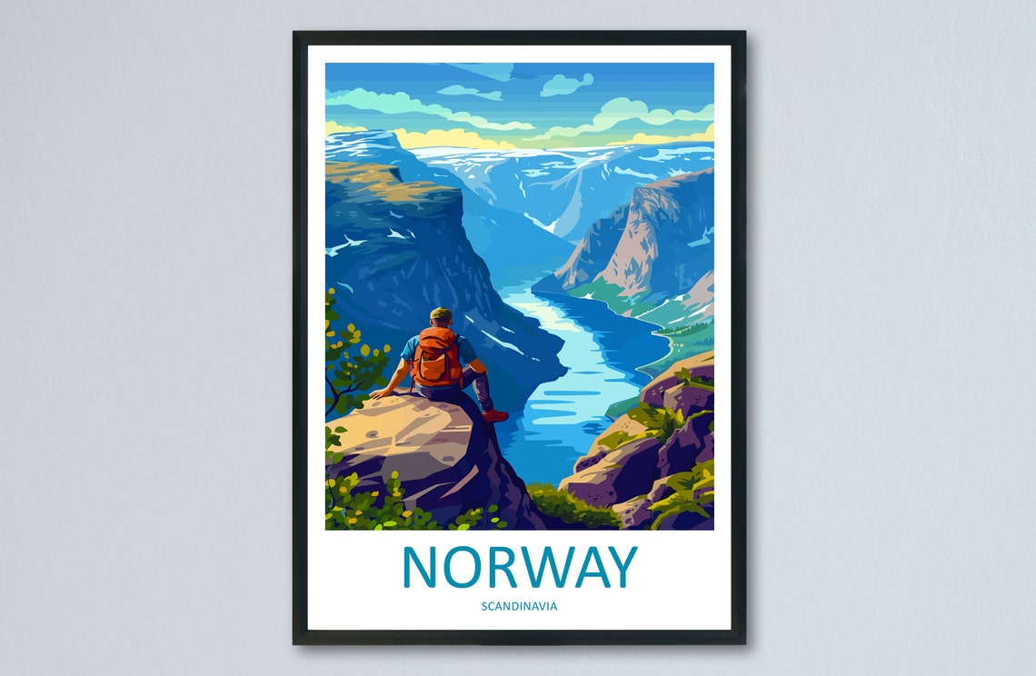 Norway Scandinavia Fjord Hiker Cliff View Adventure Scene Poster