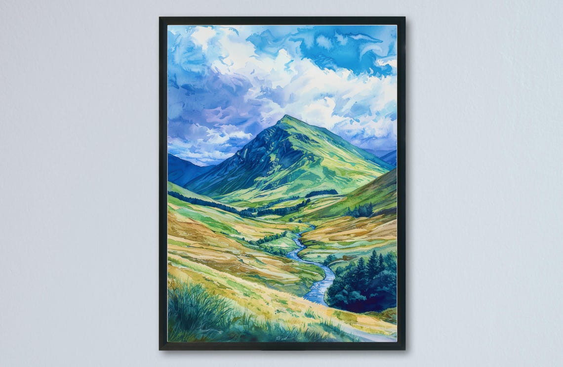 Green Mountain Valley River Flowing Watercolor Landscape Art Poster