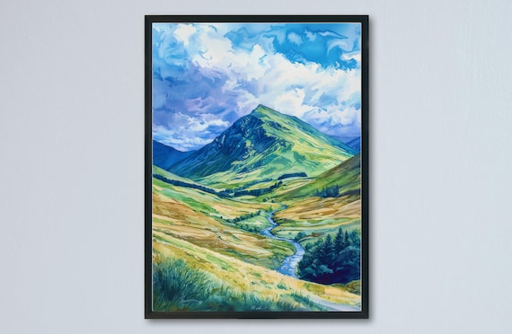 Green Mountain Valley River Flowing Watercolor Landscape Art Poster